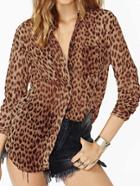 Shein Khaki Long Sleeve Pockets Leopard Blouse
