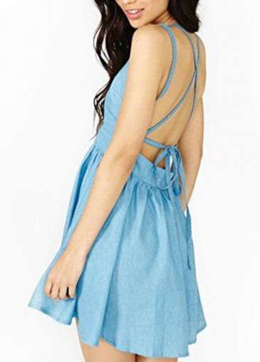 Rosewe Vogue Open Back Blue Mini Dress For Summer