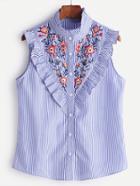 Shein Blue Striped Ruffle Trim Embroidered Sleeveless Blouse