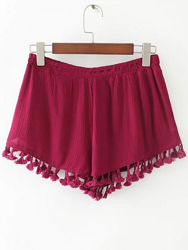 Shein Red Elastic Waist Fringe Trim Shorts