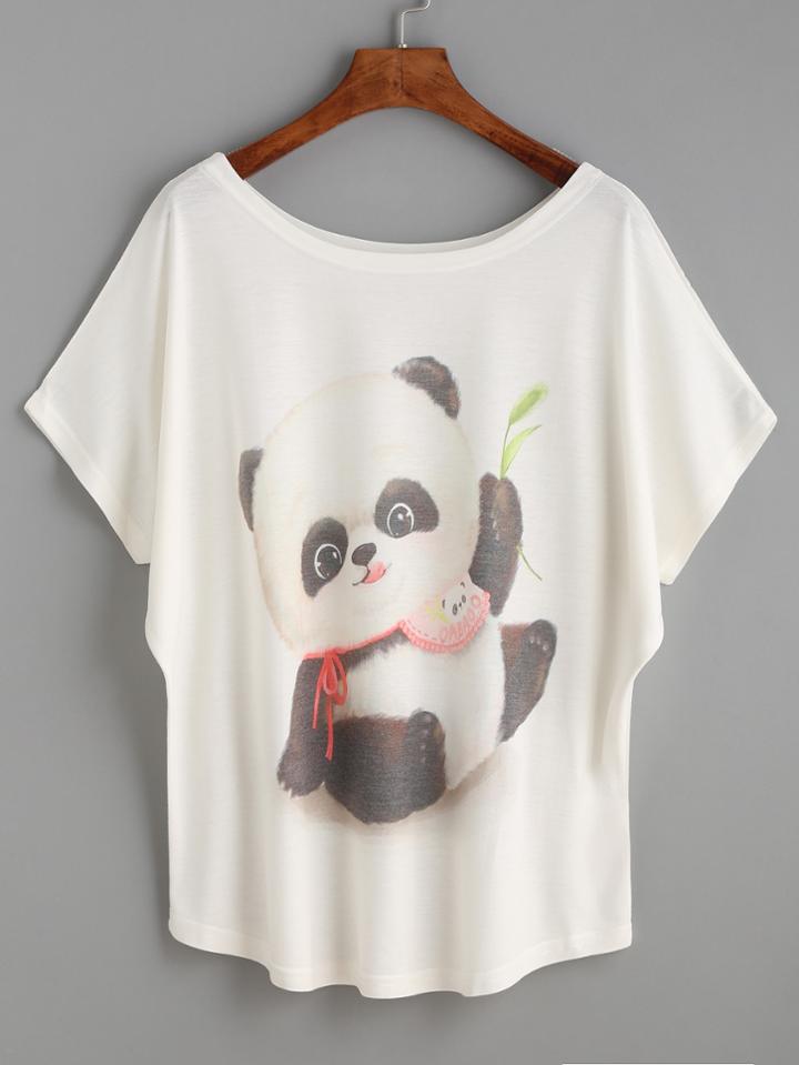 Shein White Panda Print Dolman Sleeve T-shirt
