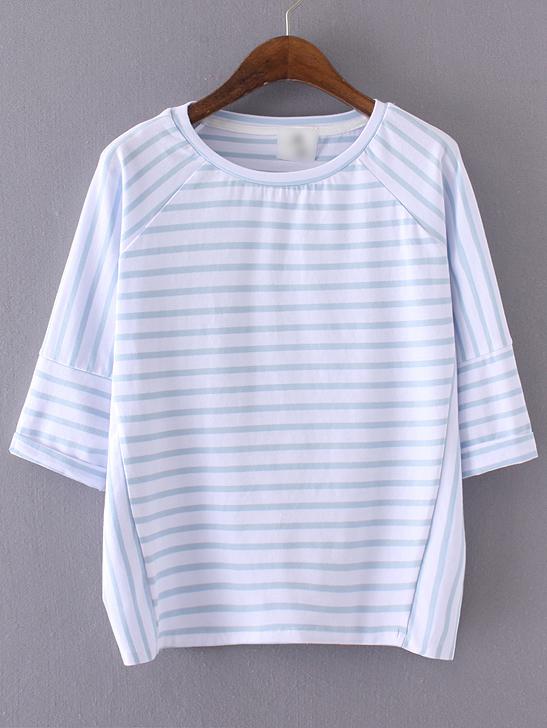 Shein Blue Raglan Half Sleeve Stripe T-shirt