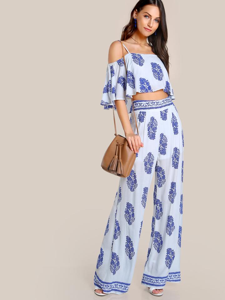Shein Printed Flounce Cold Shoulder Top And Palazzo Pants Set
