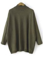 Shein Army Green Mock Neck Patch Detail Loose Sweater