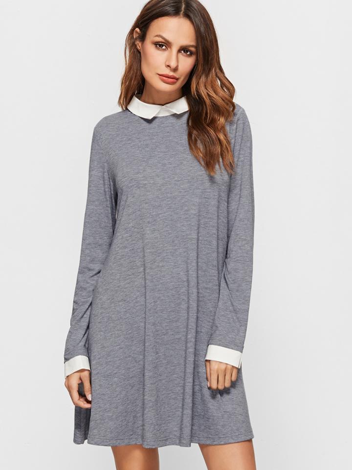 Shein Heather Grey Contrast Collar And Cuff Swing Dress