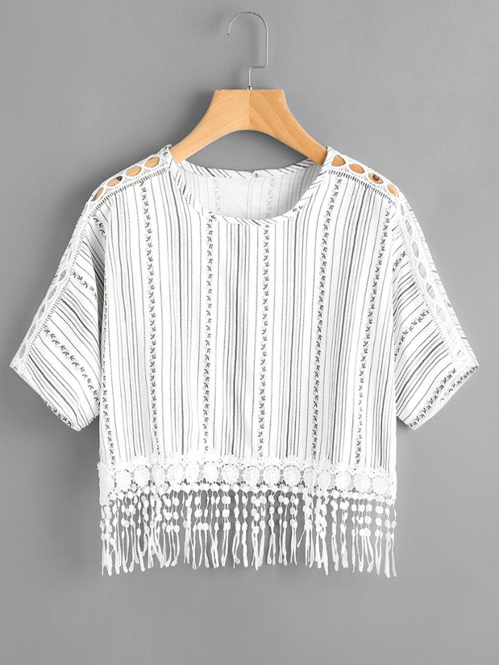 Shein Printed Crochet Lace Trim Hollow Out Top