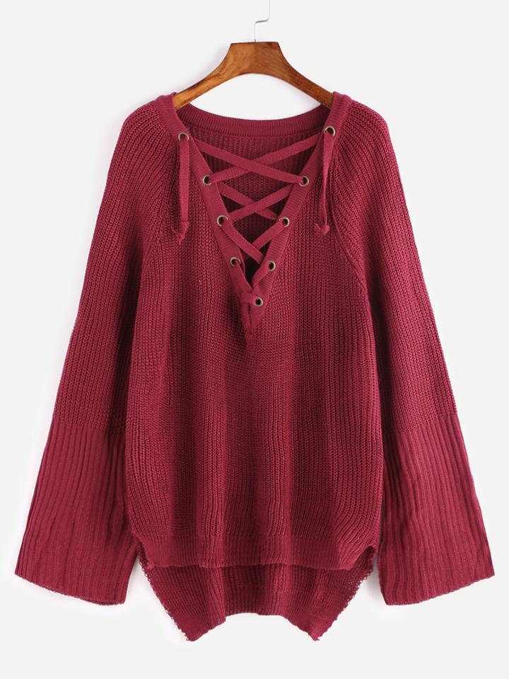 Shein Burgundy Raglan Sleeve Eyelet Lace Up High Low Sweater
