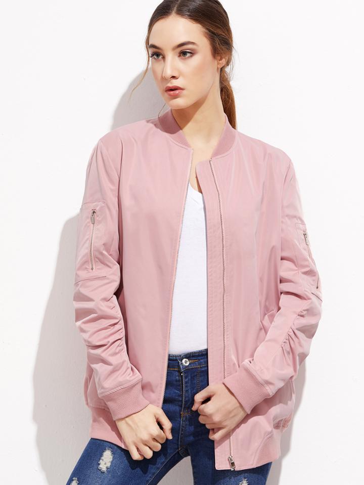 Shein Pink Zipper Pocket Bomber Jacket