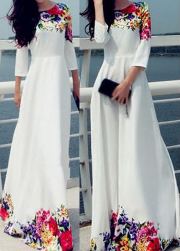 Rosewe Flower Print High Waist White Maxi Dress