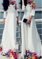 Rosewe Flower Print High Waist White Maxi Dress