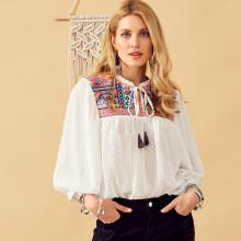 Shein Tassel Tie Embroidered Yoke Polka Dot Top