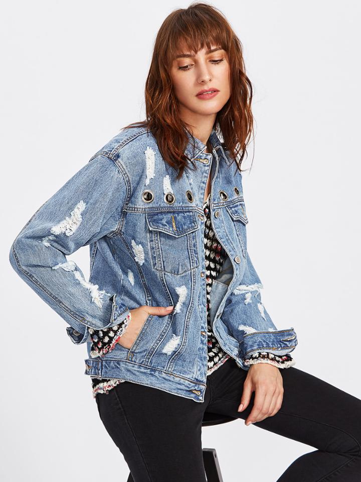 Shein Grommet Detail Distressed Denim Jacket