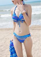 Rosewe Blue Stripe Print Drawstring Halter Three Piece Bikini Set