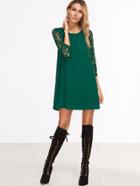 Shein Green Floral Lace Sleeve Tunic Dress