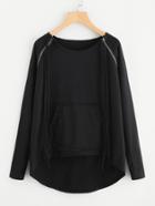 Shein Zip Detail Dip Hem Pullover With Thumb Holes