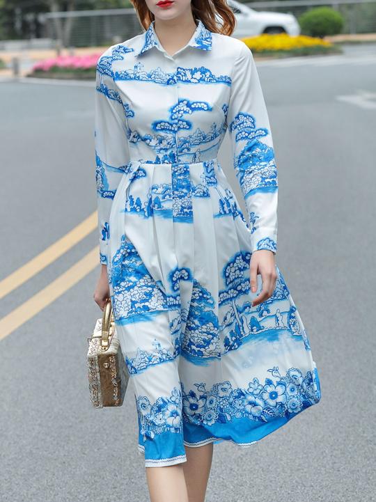 Shein Blue Lapel Print A-line Dress