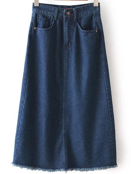 Shein High Waist Fringe Split Denim A-line Skirt