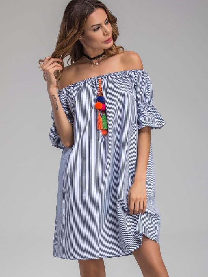 Shein Bardot Vertical Striped Bell Cuff Dress With Pom Pom
