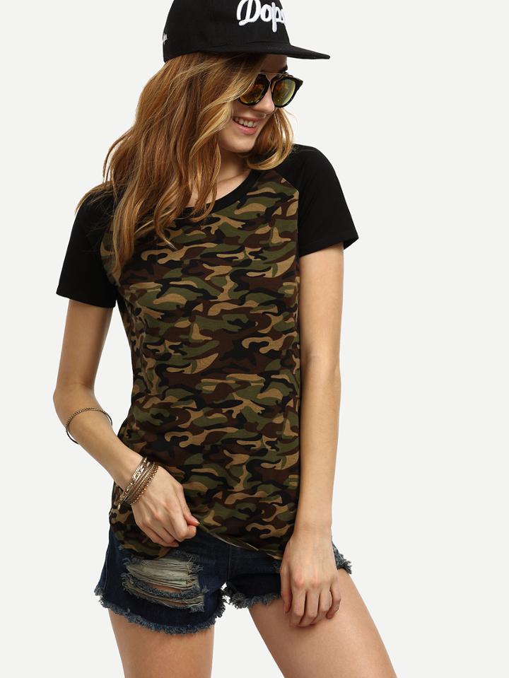 Shein Camouflage Raglan Sleeve T-shirt