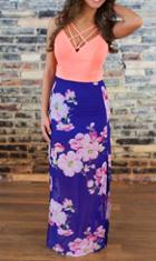 Shein Pink Blue V Neck Floral Split Patterned Maxi Dress