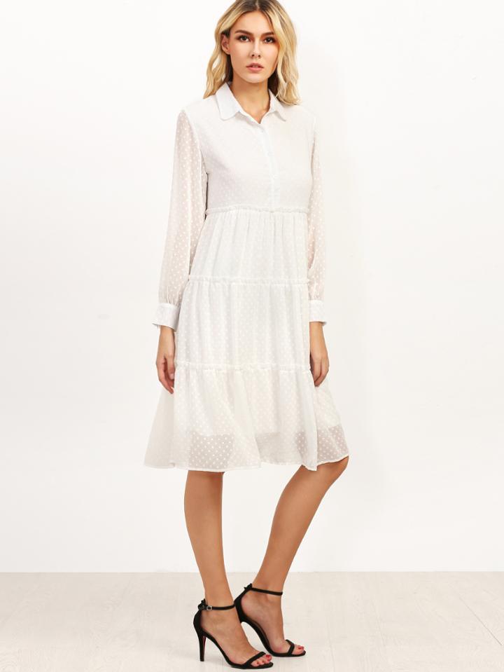 Shein White Dotted Tiered Shirt Dress