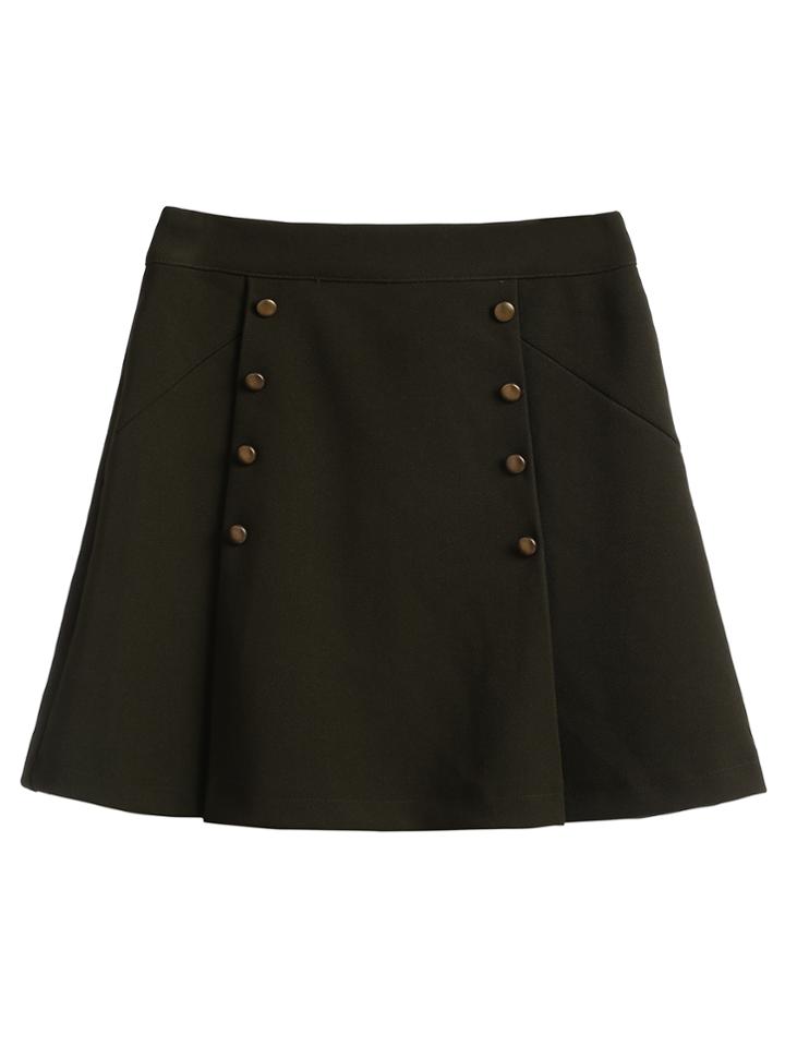 Shein Olive Green Double Breasted Pleated A Line Skirt