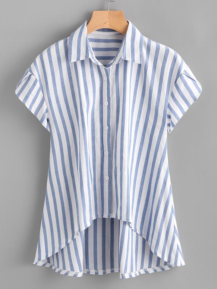 Shein Contrast Striped Petal Sleeve Dip Hem Shirt
