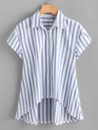 Shein Contrast Striped Petal Sleeve Dip Hem Shirt