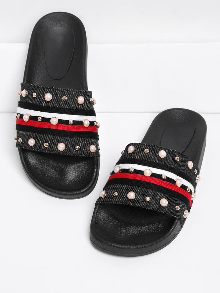 Shein Faux Pearl & Studded Detail Slip On Sandals
