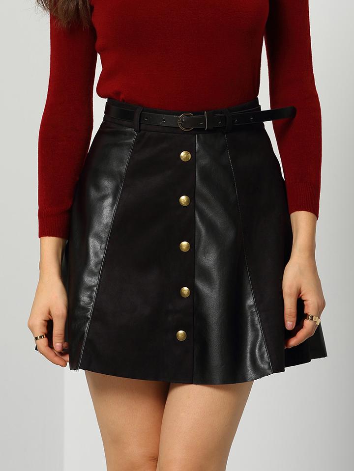 Shein Black Buttons Flare Pu Skirt