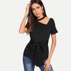 Shein Button Back Asymmetrical Neck Belted Tee