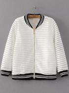 Shein White Striped Trim Hollow Out Zipper Up Jacket