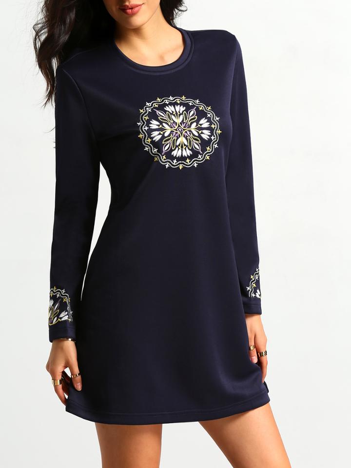 Shein Navy Long Sleeve Embroidered Slim Dress