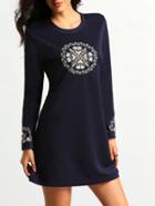 Shein Navy Long Sleeve Embroidered Slim Dress