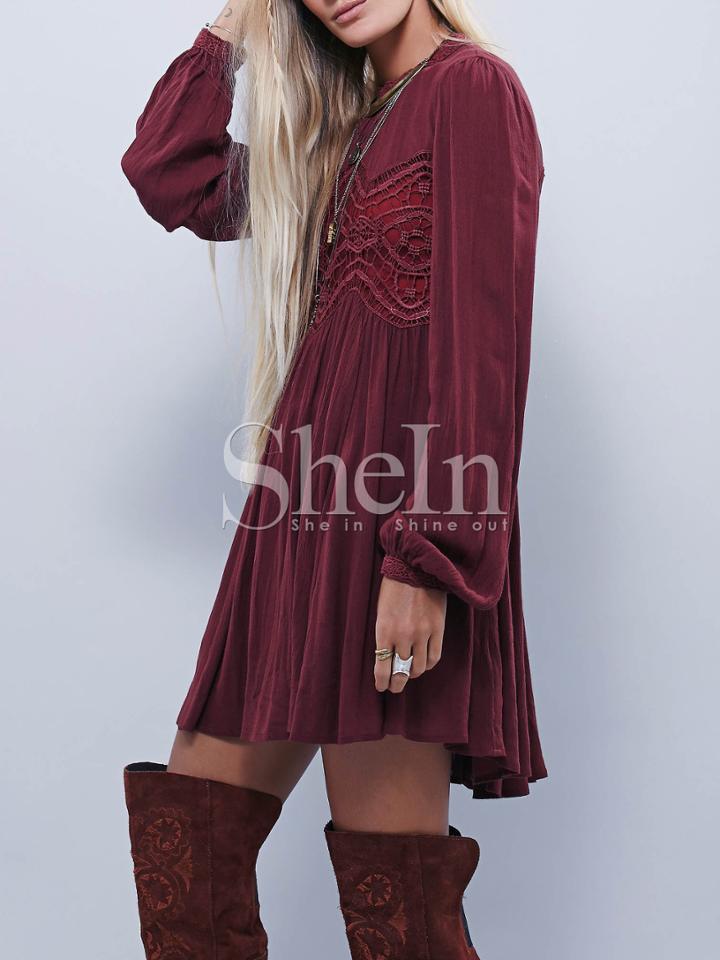Shein Burgundy Long Sleeve Hollow Dress