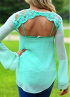 Rosewe Lace Splicing Flare Sleeve Turquoise Blouse