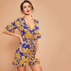 Shein Zip Back Lace Up Bell Sleeve Floral Dress