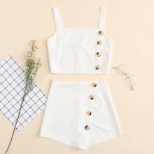 Shein Button Detail Solid Cami Top With Shorts