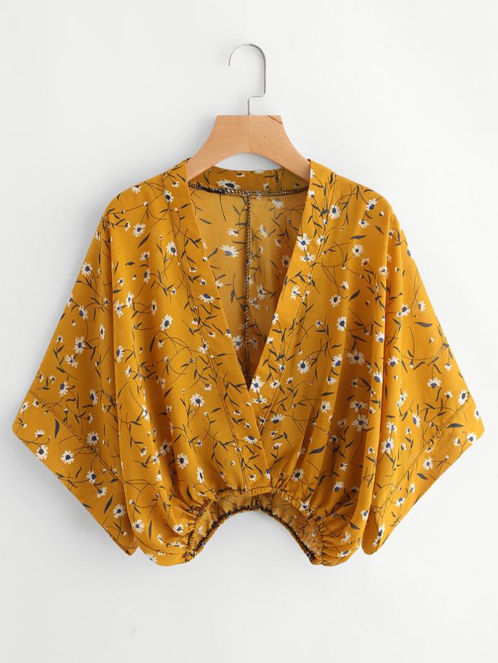 Shein Calico Print Kimono Sleeve Surplice Blouse