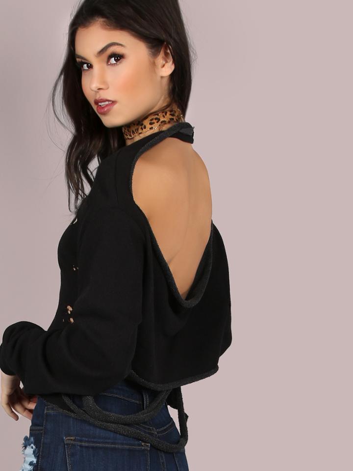 Shein Slashed Backless Cropped Pullover Black