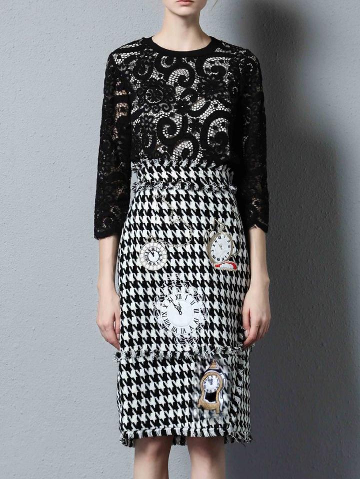 Shein Black Lace Top With Houndstooth Embroidered Skirt