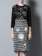 Shein Black Lace Top With Houndstooth Embroidered Skirt