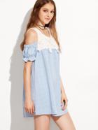 Shein Blue Grid Print Open Shoulder Contrast Crochet Dress