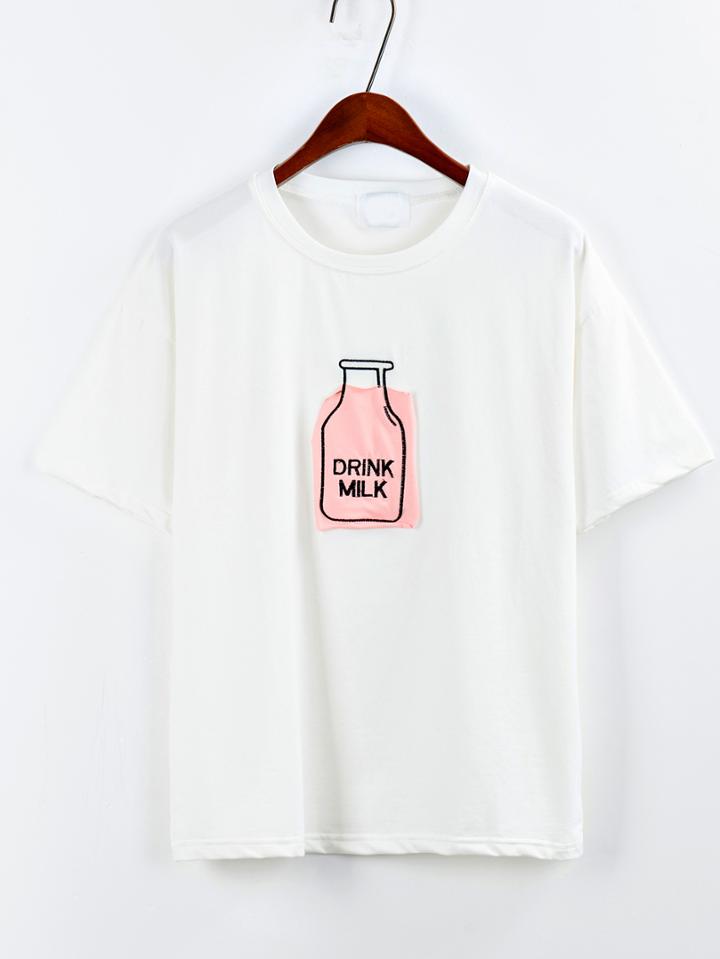 Shein Embroidered Milk Bottle T-shirt - White
