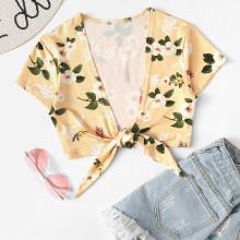 Shein Knot Front Floral Print Crop Tee
