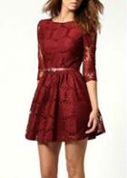 Rosewe Elegant Red Round Neck Three Quarter Sleeve Mini Dress