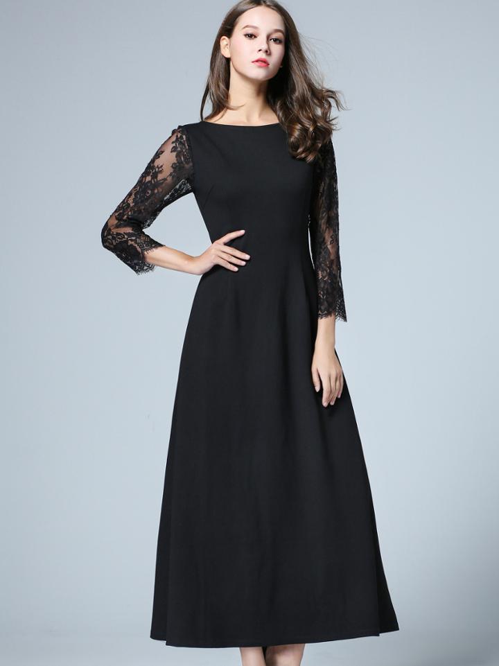 Shein Black Round Neck Length Sleeve Contrast Lace Dress