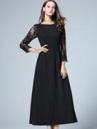 Shein Black Round Neck Length Sleeve Contrast Lace Dress