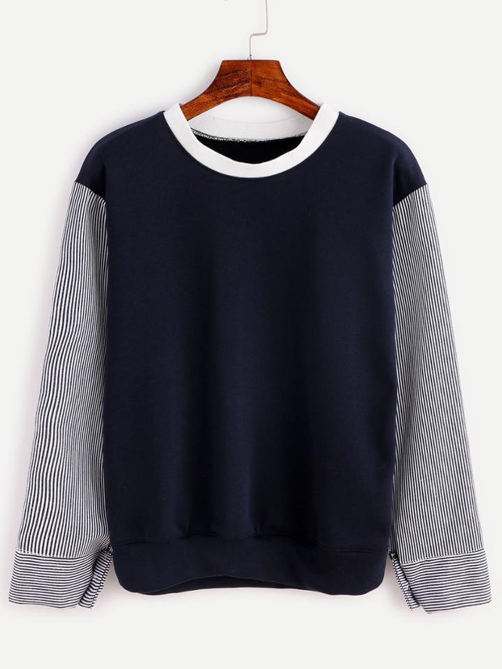 Shein Navy Contrast Vertical Striped Sleeve Sweatshirt