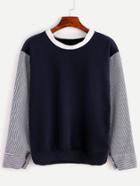 Shein Navy Contrast Vertical Striped Sleeve Sweatshirt